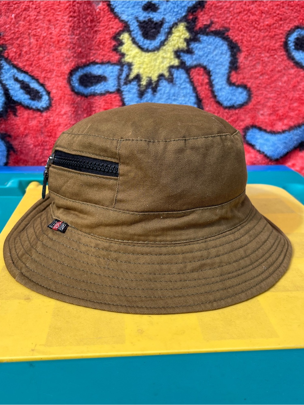 Leoson vintage y2k Brown Canvas Bucket Hat with Front Zip Pocket grunge cap hat